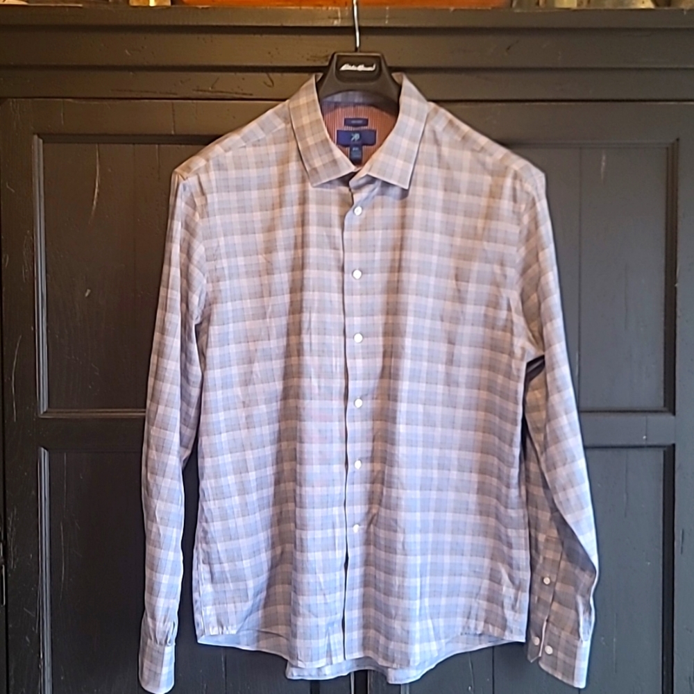 Men's Casual Button Down XXL Egara Light Blue Grey with Red Stripes